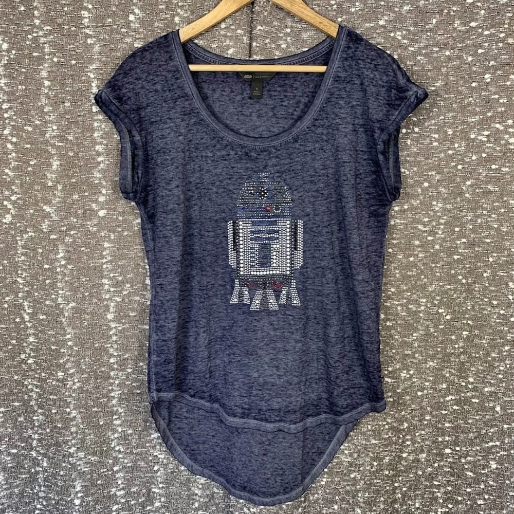 Rock & Republic Star Wars R2D2 Beaded Burnout Shirt Women Size Small Blue‎ Tunic